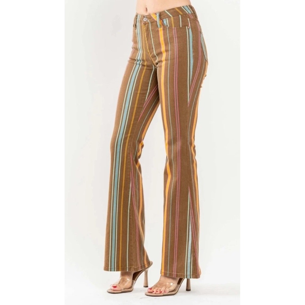 EUC Judy Blue Striped Brown Flare Jeans Sz 16W Hippie Retro Multicolor Boho Chic